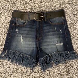 High-Rise Dark Blue Denim Fringe Hem Shorts